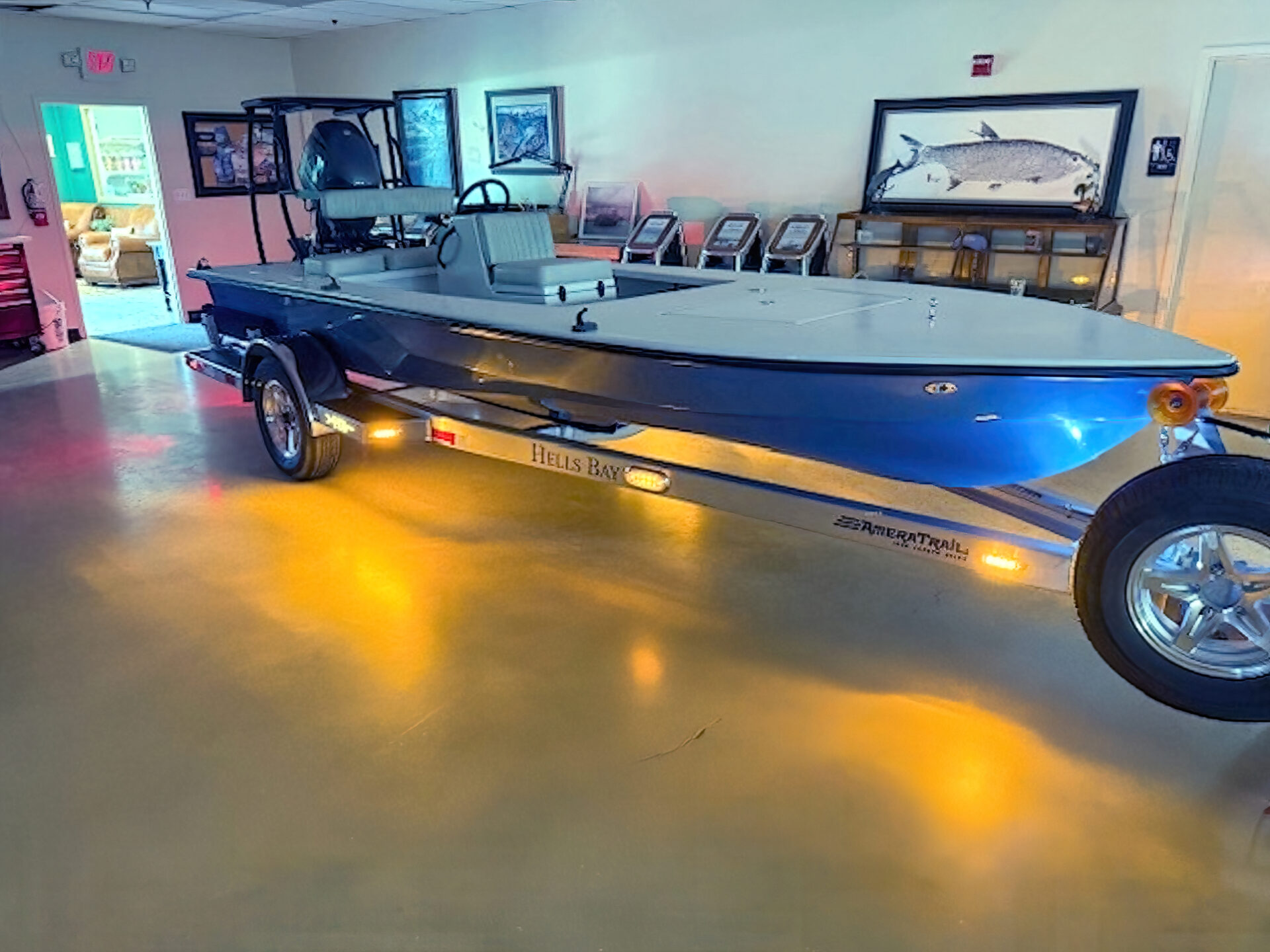 Hell's Bay Skiff setting on a Amera Trial Trailer