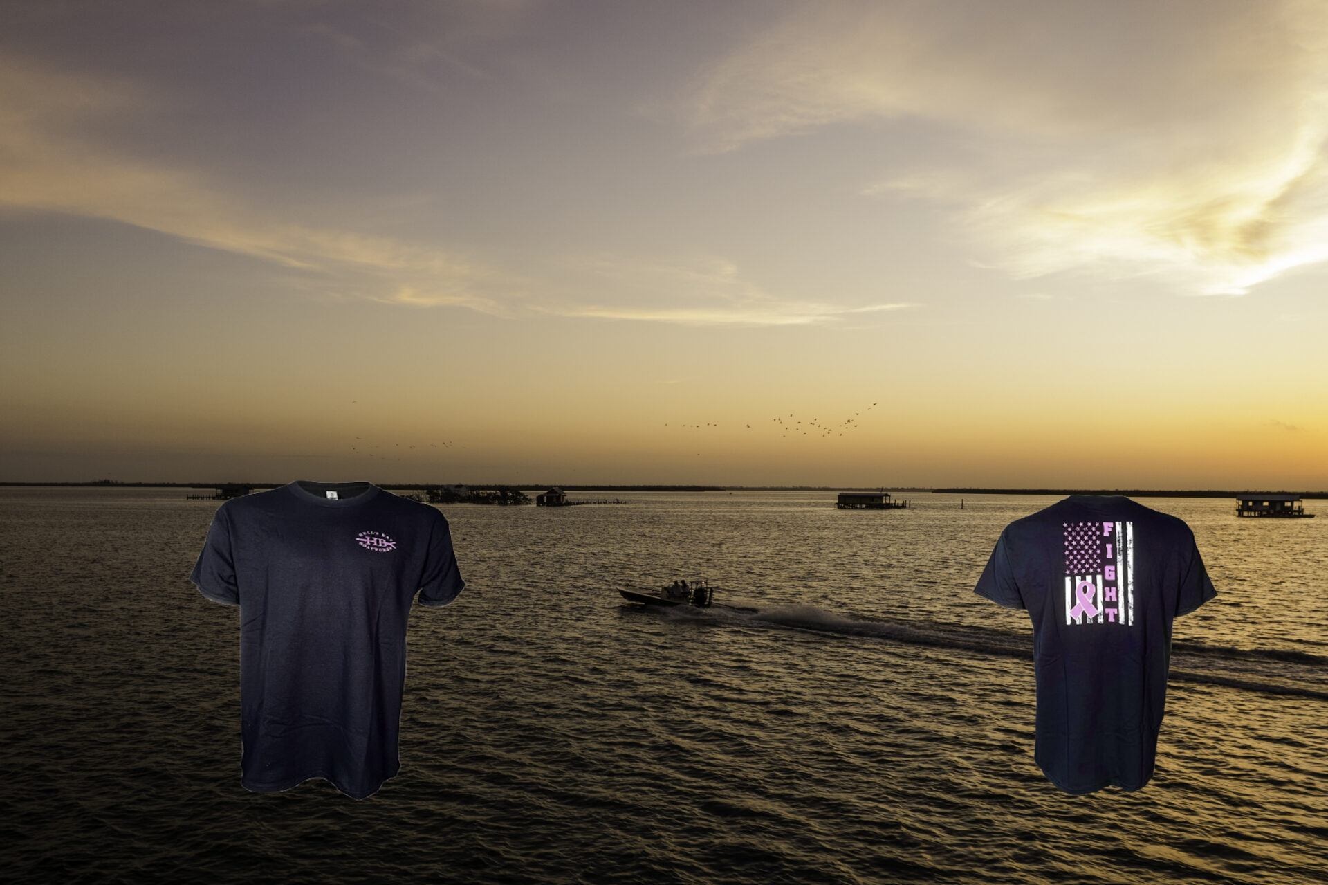Brest Cancer Awareness T-shirt with a skiff running at sunset