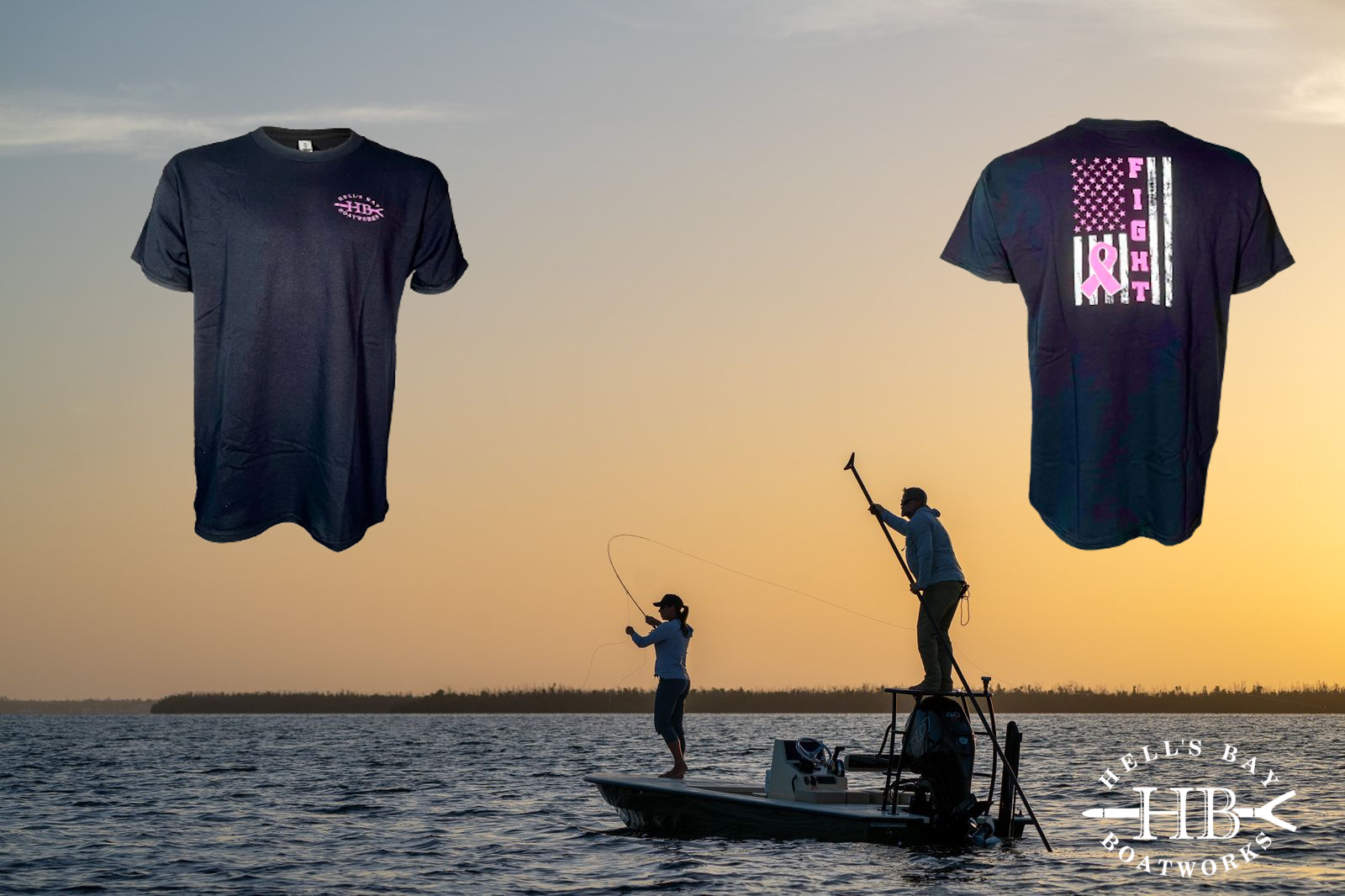 Hell's Bay Cancer awareness tee shirt with a fishing backdrop